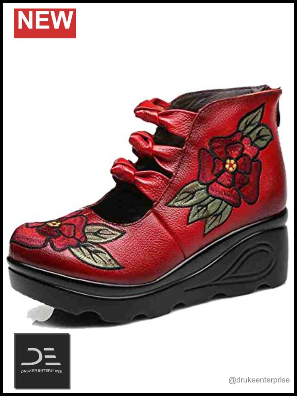 Women's Leather Round Toe Platform Wedges Mary Jane Pumps